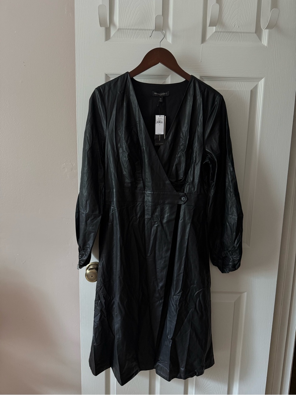 NWT Banana Republic Faux Leather Black Long Sleeve Wrap Dress Size 10